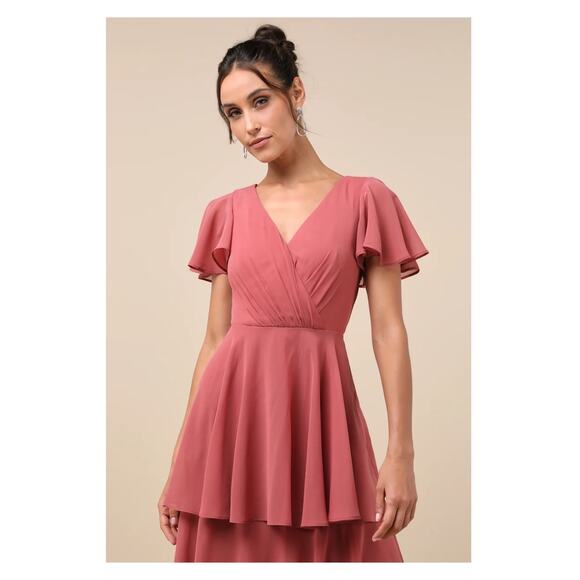 Lulus Sincerely Exquisite Rusty Rose Short Sleeve Tiered Maxi Dress Sz.XS NWT - Picture 3 of 16